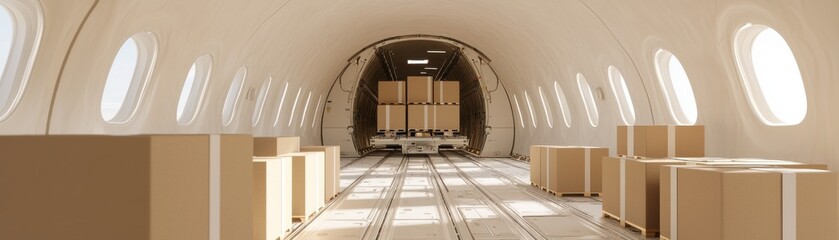 Obraz premium Interior of an empty cargo airplane with boxes ready for transport.