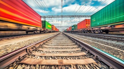 Freight trains with cargo containers moving fast on railroad tracks
