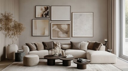 A modern living room featuring a spacious sofa, minimalist decor, and framed art against a neutral wall, creating a serene atmosphere.