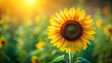 Obraz premium A radiant sunflower basks in the golden glow of the setting sun, its petals unfurling towards the warm light, creating a captivating scene of natural beauty.