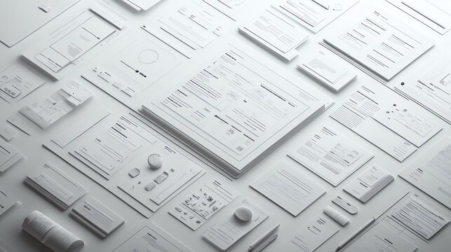 Flat lay of white design documents on a smooth surface.