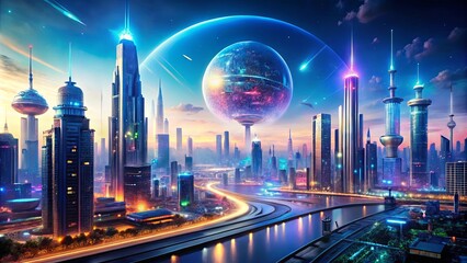 A futuristic cityscape illuminated by neon lights, with a large sphere suspended above, shimmering with vibrant hues, and a winding river reflecting the city's glow.
