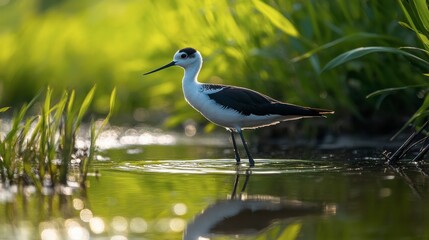 Fototapeta premium Elegant Bird Standing in Shallow Water at Sunrise