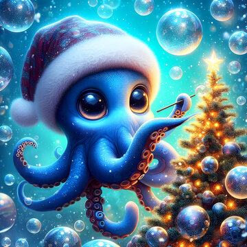 Adorable octobus boy in santa hat decorating a christmas tree with iridescent bubbles cartoon underwater art