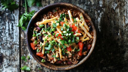 Hearty chili topped with shredded cheese, noodles, and green onions in a wooden bowl.