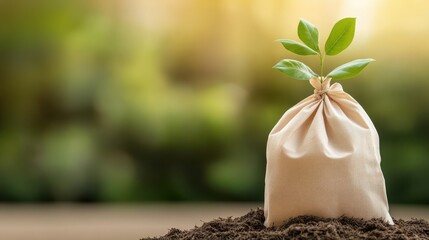A vibrant young plant emerges from a burlap bag, symbolizing growth and renewal against a softly blurred natural background.