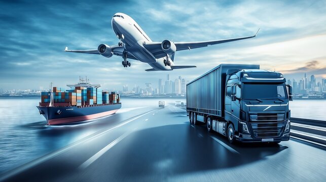 Logistics and transportation concept, truck and cargo ship delivering goods with airplane taking off - Powered by Adobe