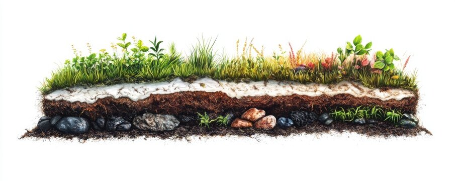 A cross-section with black oil , rock on bottom top layer grass with plants , on a white background, in an photorealistic style high defination and texture