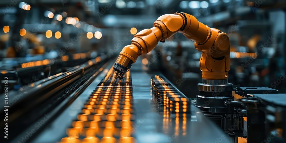 Aufkleber robotic arm assembling components on conveyor belt in factory