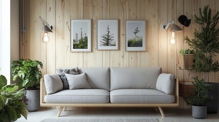 A modern living room featuring a cozy grey sofa, wooden accent walls, nature-themed artwork, and lush green plants for a fresh ambiance.