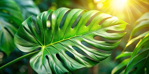 Obraz premium A vibrant green tropical leaf, illuminated by the soft glow of the sun, showcasing its intricate veins and natural beauty.