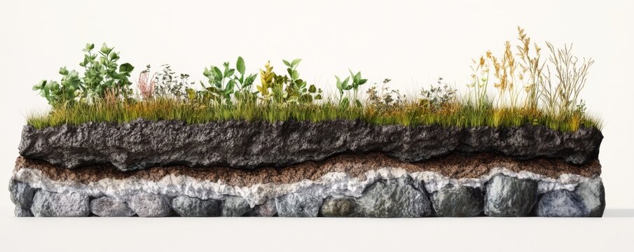 A cross-section with black oil , rock on bottom top layer grass with plants , on a white background, in an photorealistic style high defination and texture