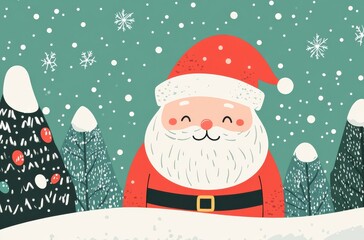 Fototapeta premium Festive seamless Christmas pattern featuring a cheerful Santa Claus amidst whimsical snowflakes and stylized snowy pine trees, embodying the joyful spirit and magical essence of the holiday season.