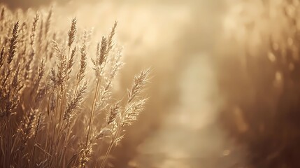 Obraz premium Foggy fall field with golden crops and mist in the air, creating a peaceful autumn landscape for stock photography and seasonal themes.