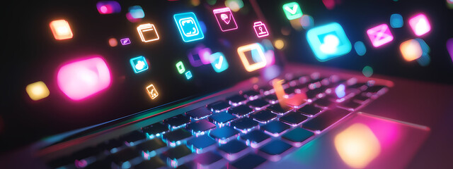 Futuristic Laptop with Glowing Digital Icons