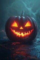 Halloween pumpkin with a carved face glowing on a dark background