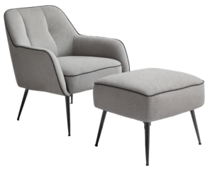 Modern gray accent chair with matching ottoman and slim black metal legs, isolated on transparent background, stylish and comfortable seating for living room or lounge