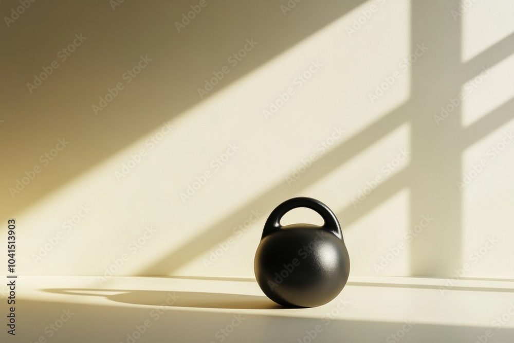 Poster a black kettlebell sits alone on a neutral surface, casting subtle shadows as sunlight filters throu