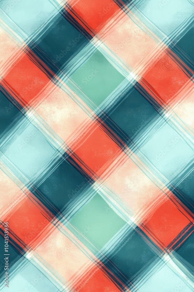 Wall mural vibrant tartan plaid pattern in red, green, and turquoise brush strokes with a watercolor effect