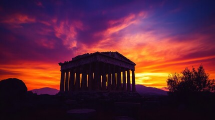 Fototapeta premium A dramatic sunset with shades of orange and purple framing the silhouette of a Greek temple