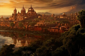 Sunset over a golden city reflected in water.