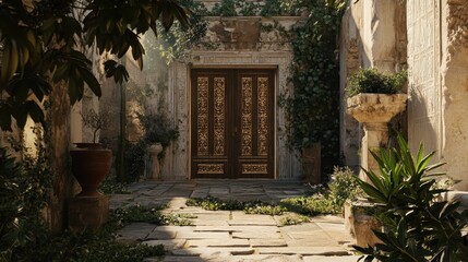 Fototapeta premium Greek temple entrance with heavy carved doors soft light spilling into a stone courtyard
