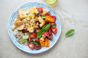 Blue and white plate with italian traditional panzanella salad, above view on a beige stone background, horizontal shot with space