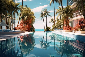 Obraz premium Palm trees reflecting in pool by ocean.