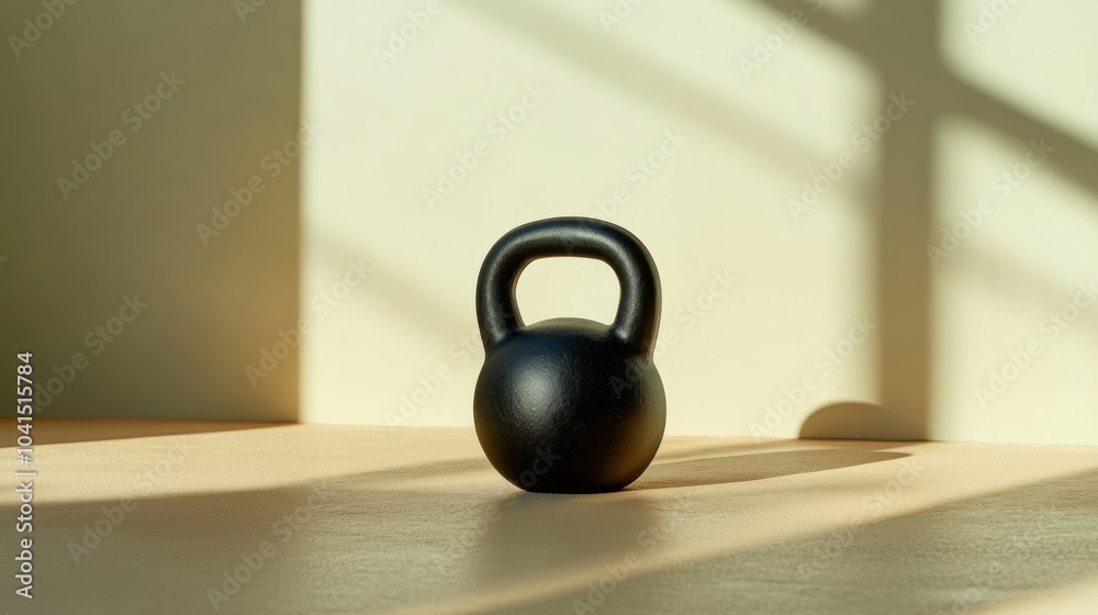 Poster a solitary black kettlebell sits on a wooden surface, illuminated by soft afternoon light filtering 