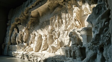 Relief sculpture on a Greek theater stage wall sunlight accentuating the mythical scene