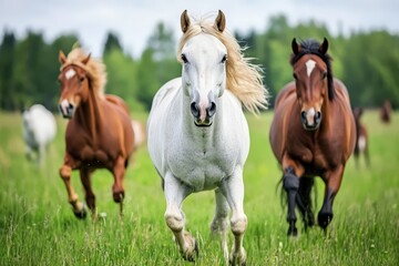 Fototapeta premium Three horses gallop energetically across a green field, their manes flowing in the wind, showcasing freedom and vitality in nature's embrace.