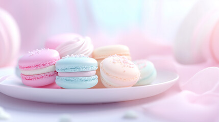 Obraz premium A plate of colorful macarons with a pink background. The macarons are arranged in a way that they look like they are in a row, with the pink background making them stand out