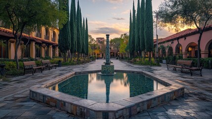 Obraz premium Hexagonal pool in a quiet square reflecting architecture and trees under soft evening light