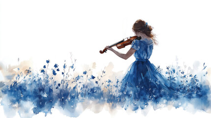 Obraz premium Blue watercolor painting of a woman is playing violin on the meadow