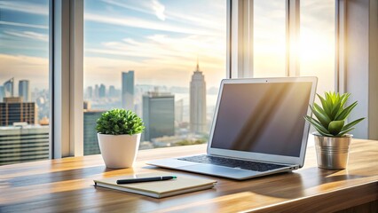 A laptop rests on a wooden desk with a view of city buildings through a window, a pen is resting on an open notebook, and two potted plants add life to the space.