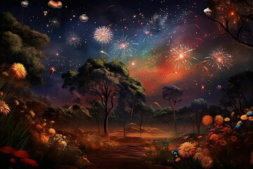 Fototapeta premium Fireworks over a forest and flowers.