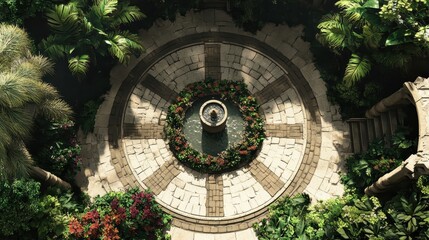 Fototapeta premium Aerial view of a public square with a central fountain stone paths and lush greenery under sun