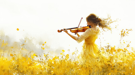 Yellow watercolor painting of a woman is playing violin on the meadow