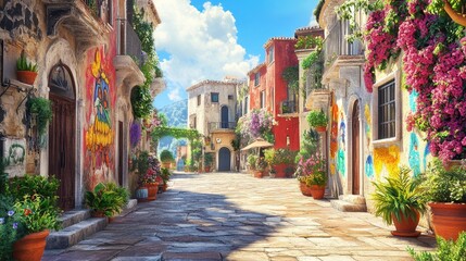 Fototapeta premium Artistic square with murals and plants illuminated by bright midday sunlight