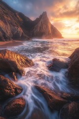 Fototapeta premium Long-exposure shot of water flowing down the rocks at golden hour, showcasing dramatic shapes and colors at a beach.