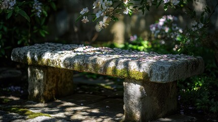 Moss-covered bench in an agora sunlight casting intricate shadows on the stone surface