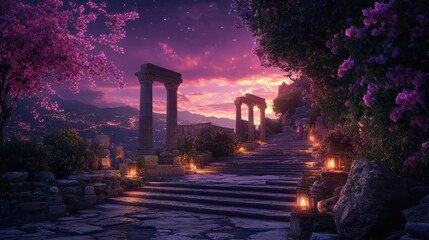 Naklejka premium Twilight in an agora lantern-lit steps leading to a temple jasmine blooming nearby