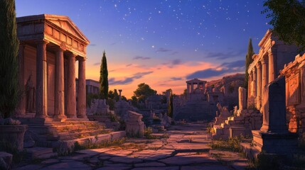 Obraz premium Pedestal with ancient statue surrounded by wildflowers bathed in late afternoon sunlight