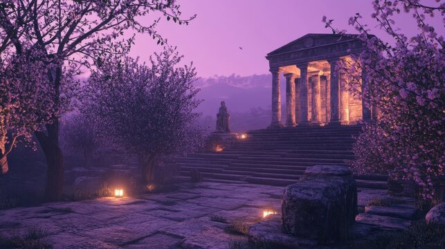 Agora at twilight lanterns illuminating steps to a temple jasmine surrounding the scene