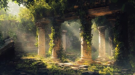 Agora with vines reclaiming ancient columns sunlight casting shadows on the stone textures