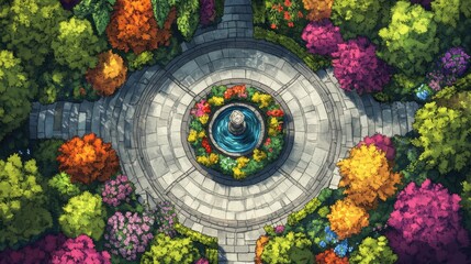 Agora with geometric stone pathways leading to a fountain gardens bursting with flowers