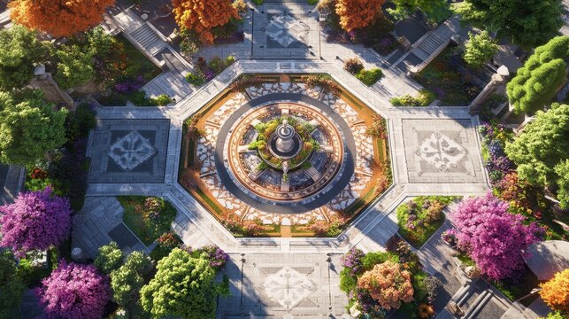 Overhead view of agora with geometric paths and central fountain surrounded by gardens