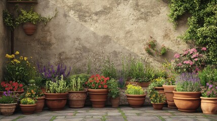 Fototapeta premium Neatly arranged terracotta pots with flowers and herbs weathered stone wall in the background