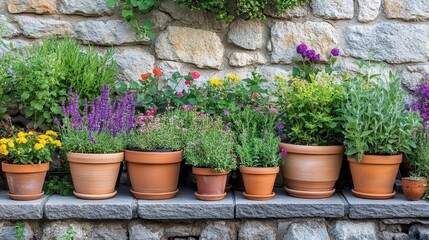 Garden with terracotta pots of herbs and flowers framed by a weathered stone wall behind