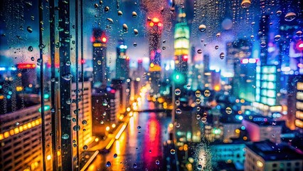 Fototapeta premium A Blurry Cityscape Through a Rain-Streaked Window, Gleaming with the Luminous Glow of Streetlights and Distant Buildings